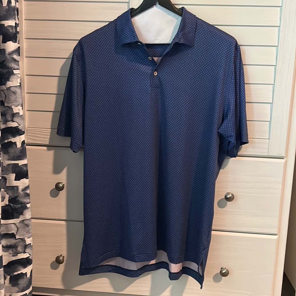 Men’s XL Peter Millar Summer Comfort Polo in Blue and Pink Geometric Pat…